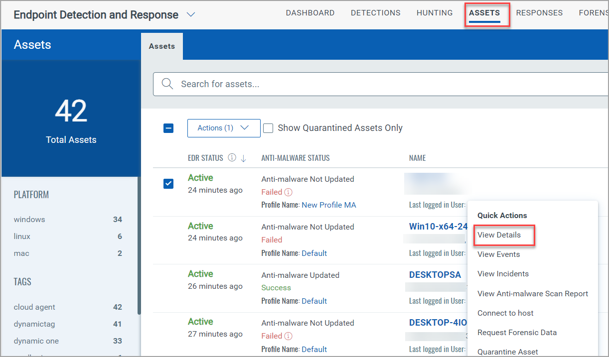 View Details option in Quick Actions drop-down of the Assets tab.