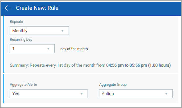 Create New Rules screen - Sample monthly schedule showing the day when schedule is run and alert aggregation options.