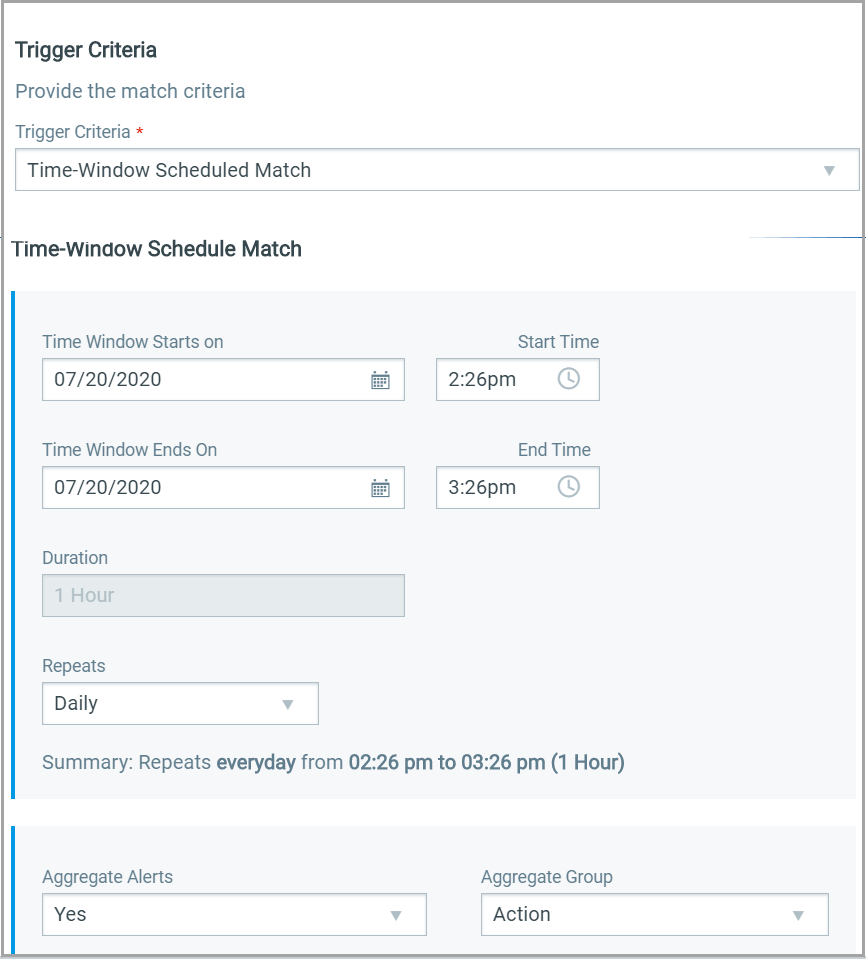 Create New Rules screen - Options for Time-Window Scheduled Match trigger criteria.