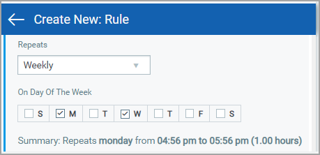 Create New Rules screen - Sample weekly schedule showing the days when schedule is run.
