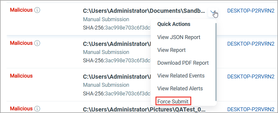 Click Force Submit in the Quick Actions menu to see updated results.