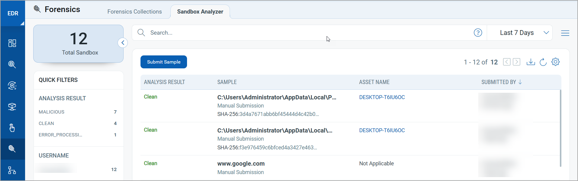 Sandbox Analyzer page for analyzing and detecting potential malware threats in uploaded files.