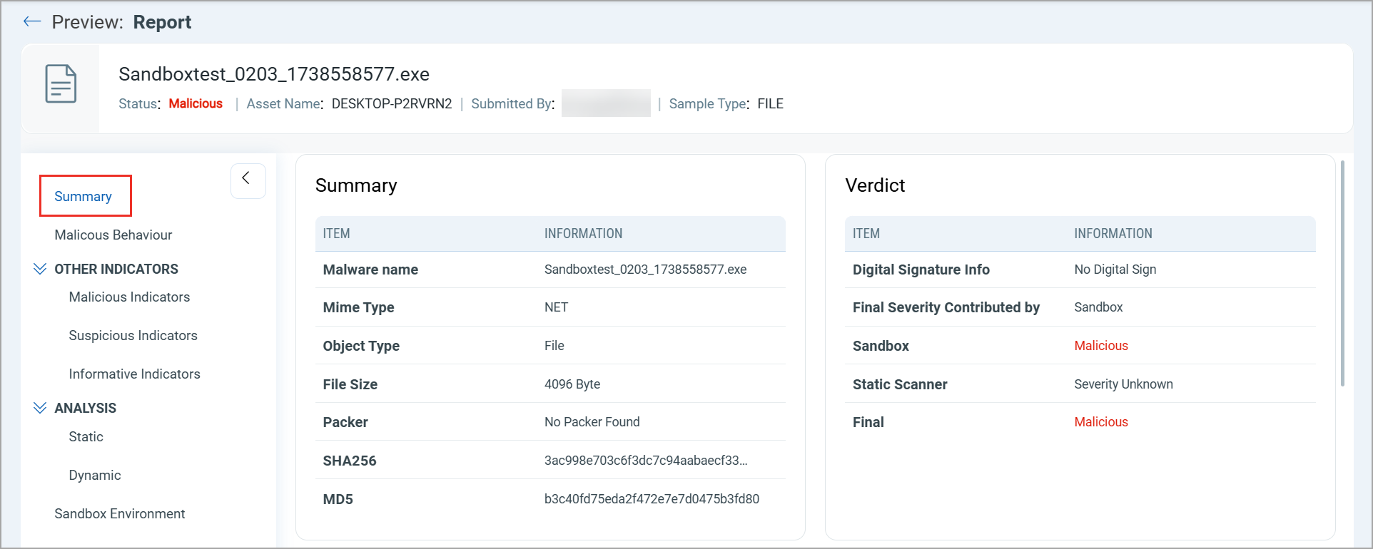 Gain a high-level summary of the behavior observed during sandbox analysis.
