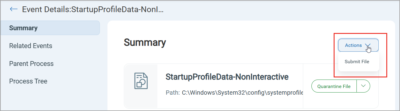 Submit file to Sandbox from the Event Details Summary page under the Hunting tab.