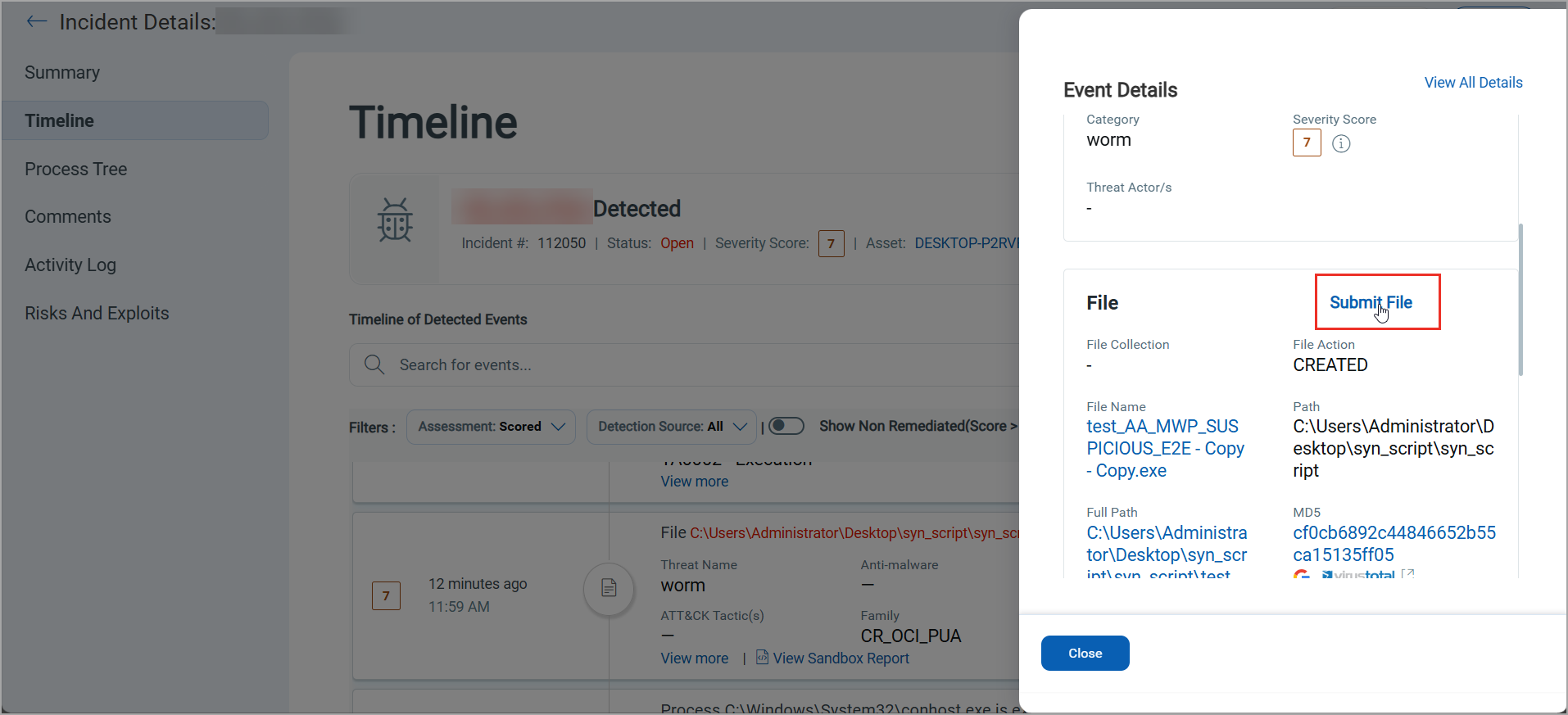 Submit file to Sandbox from the Timeline section of the Incident Details page.