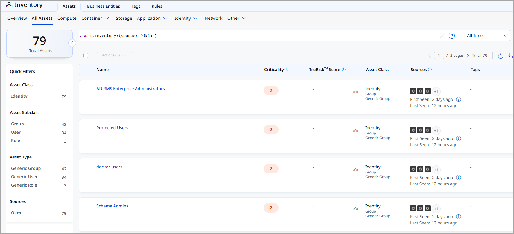 ETM Inventory screen filtered by Okta tag showing imported identity assets