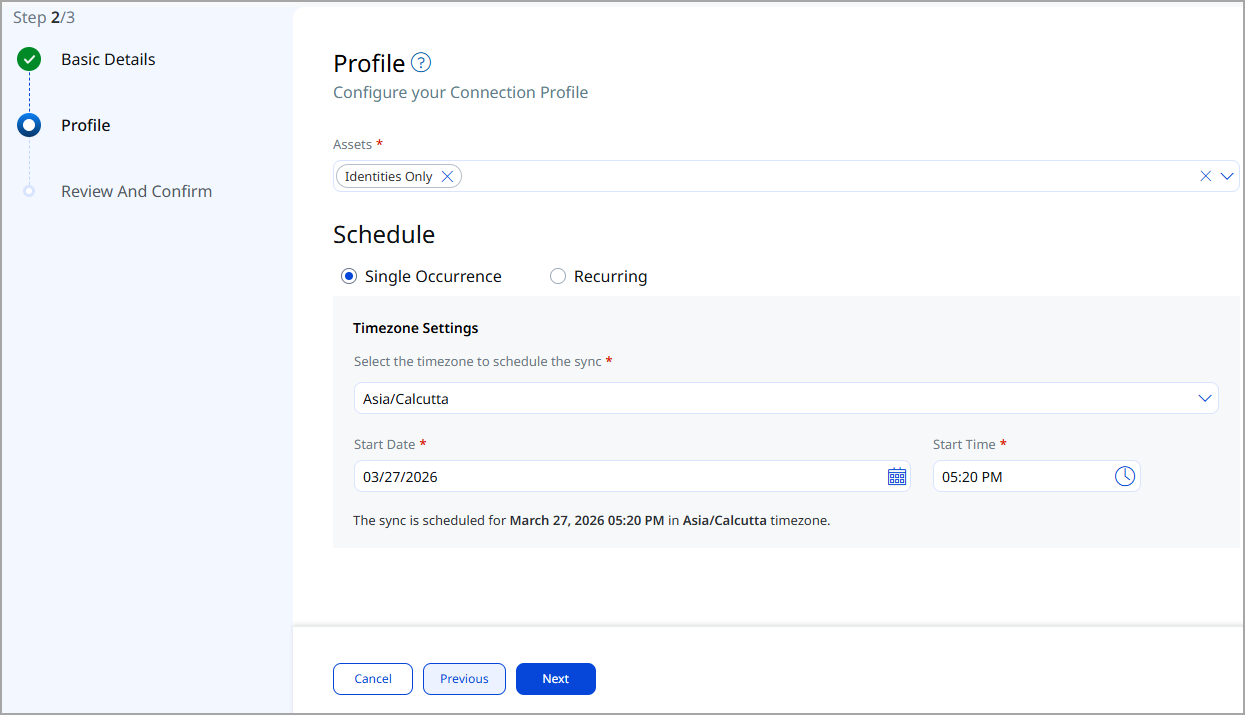 Okta Connector profile configuration screen showing schedule and transform map selection