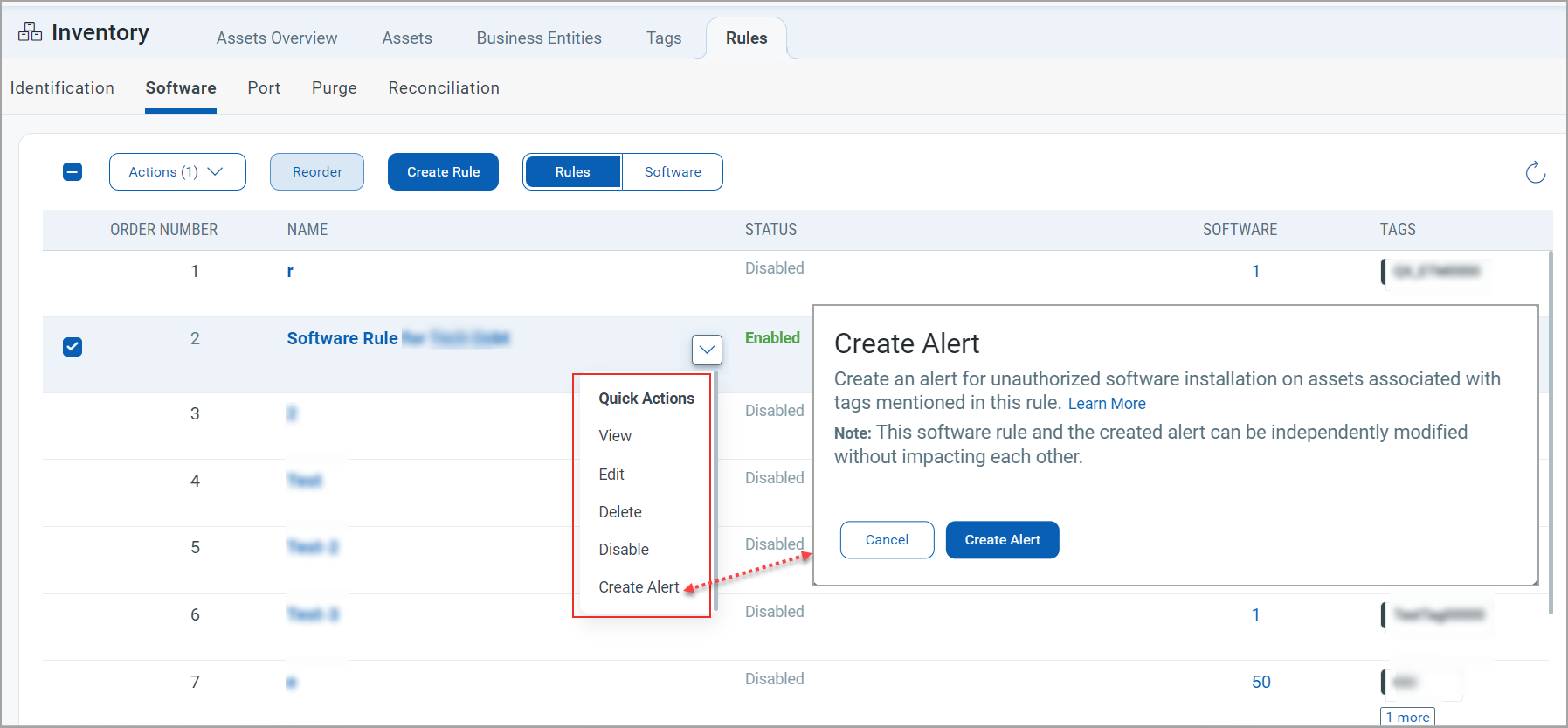 Create Alert for Software Rule.