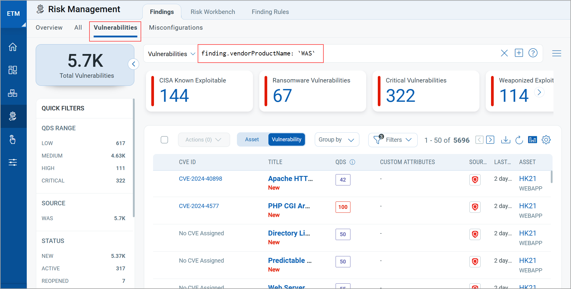 View WAS vulnerability findings list.