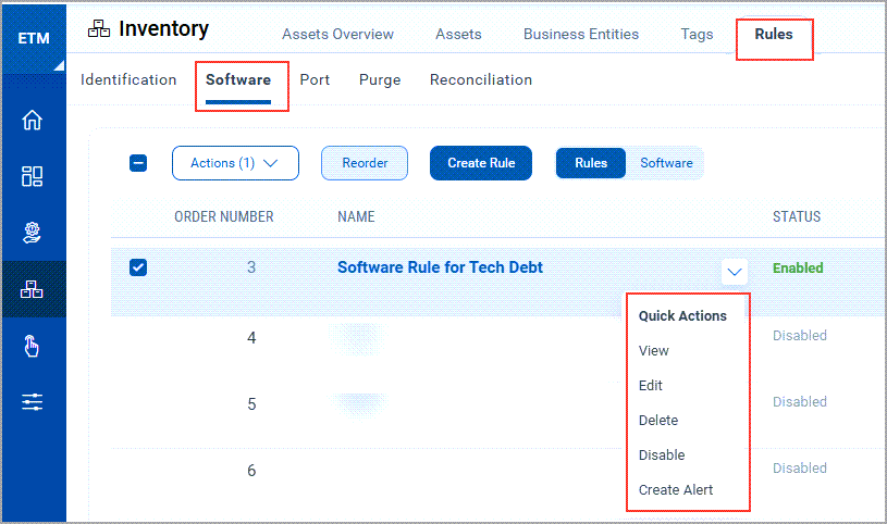 Software Rules Quick Options