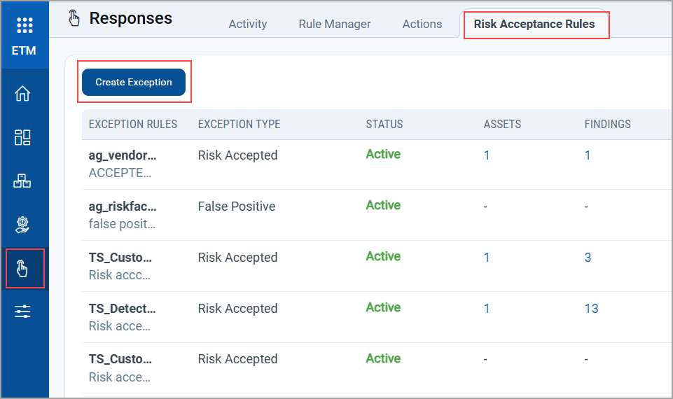 View Create Exception option.