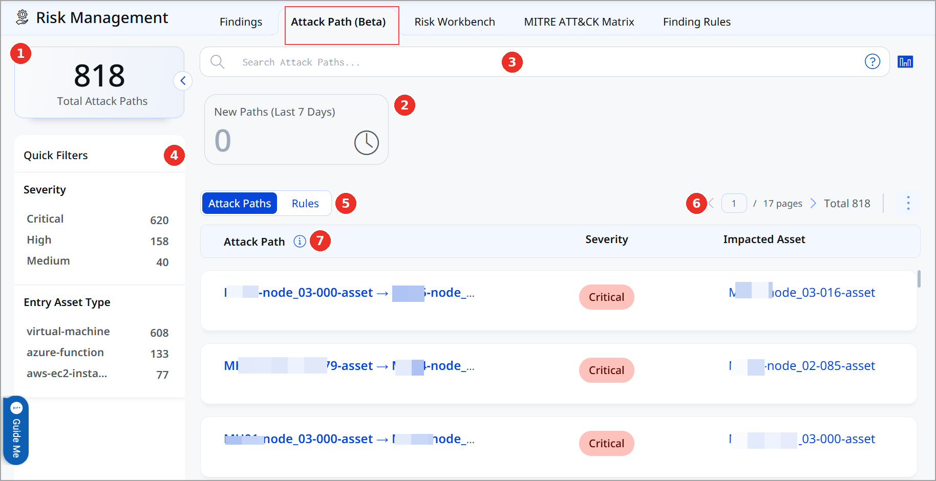 Attack Paths view with numbered callouts for each area of the page