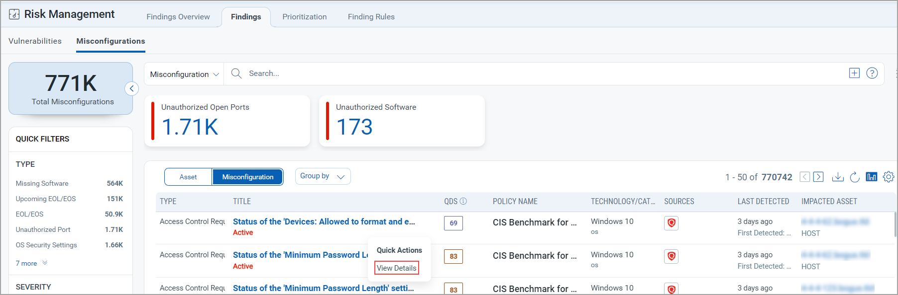 Misconfiguration quick actions.