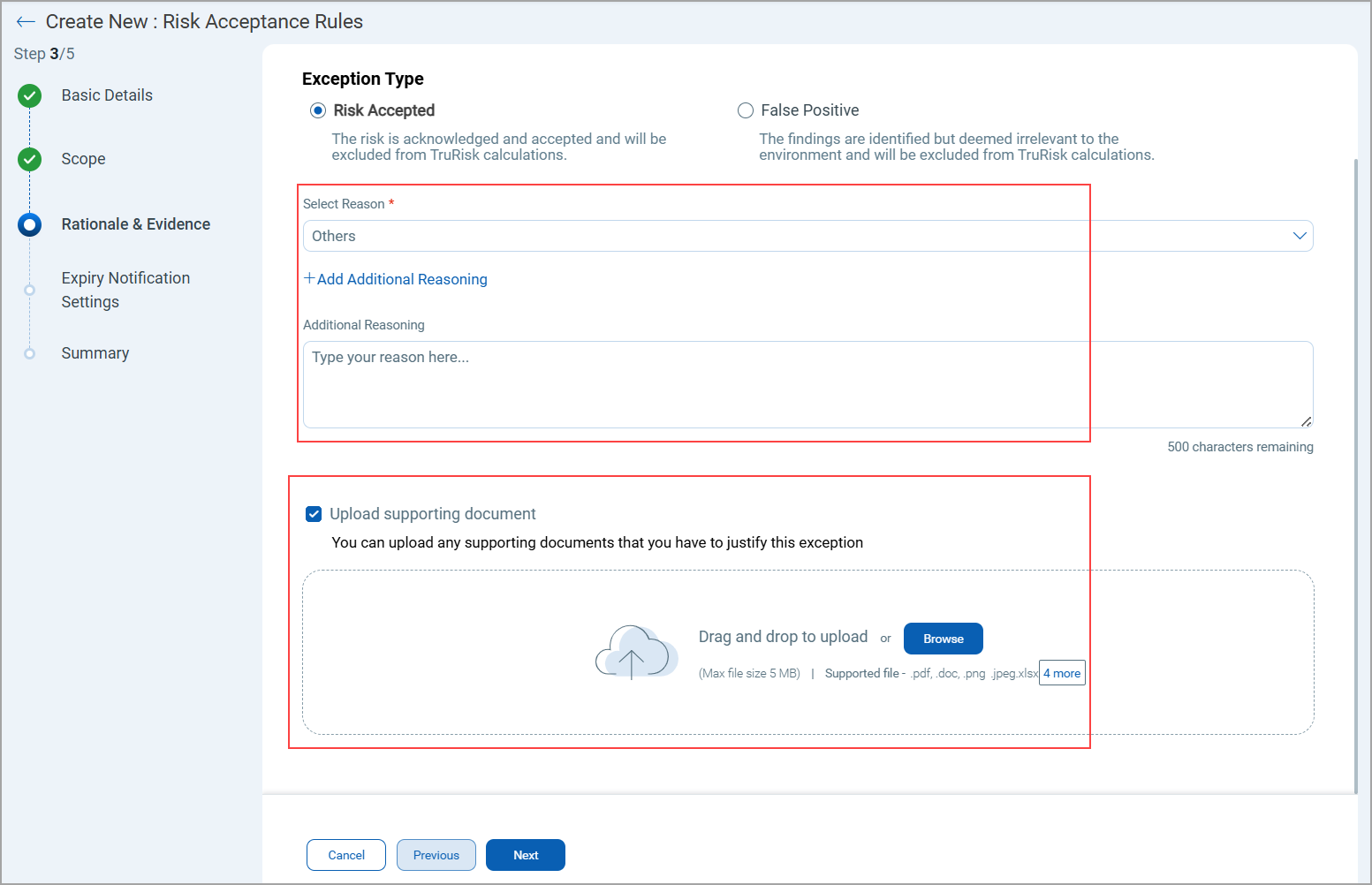 select the Exception Type as Risk Accepted or False Positive.