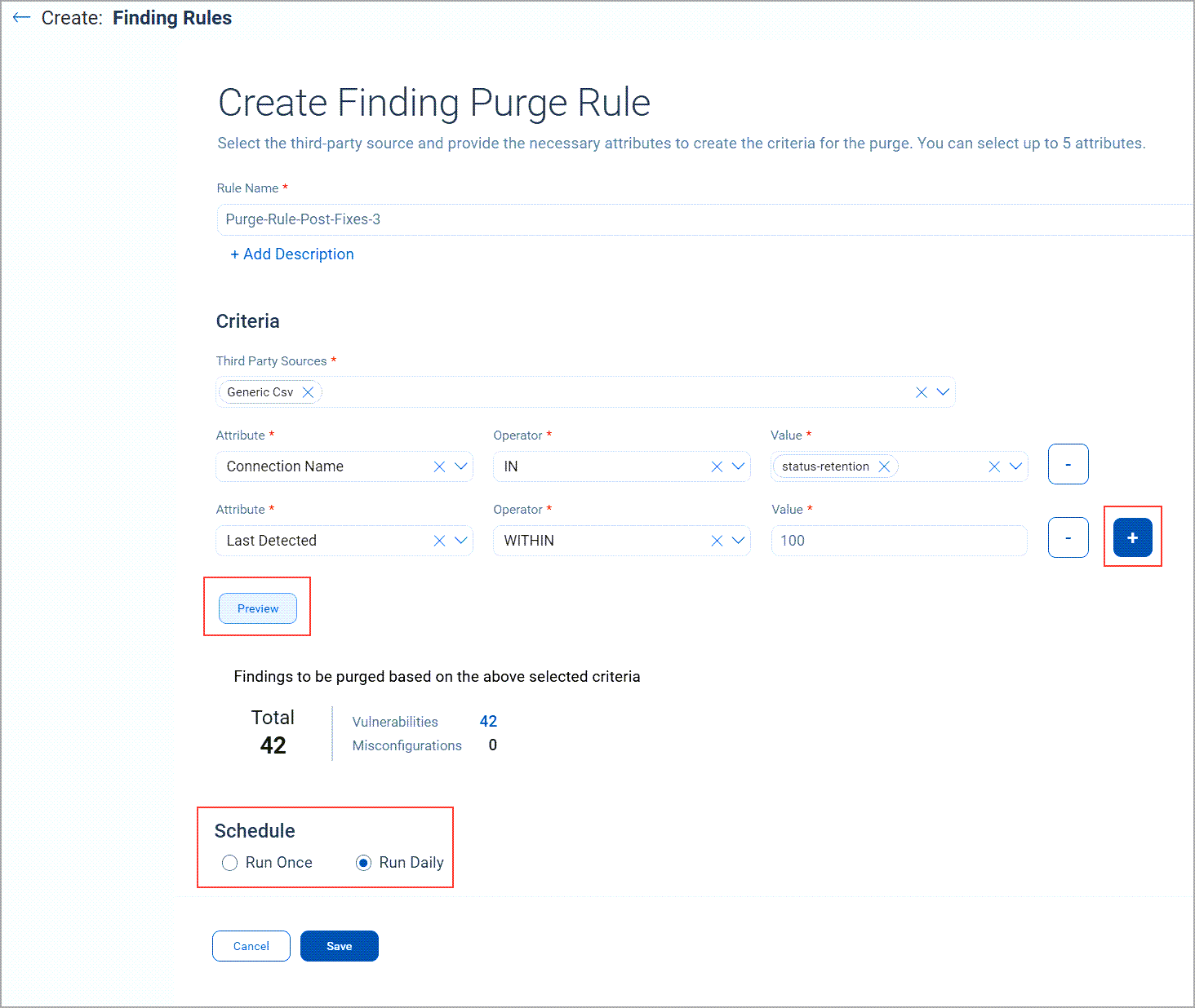 Creating purge rule window.