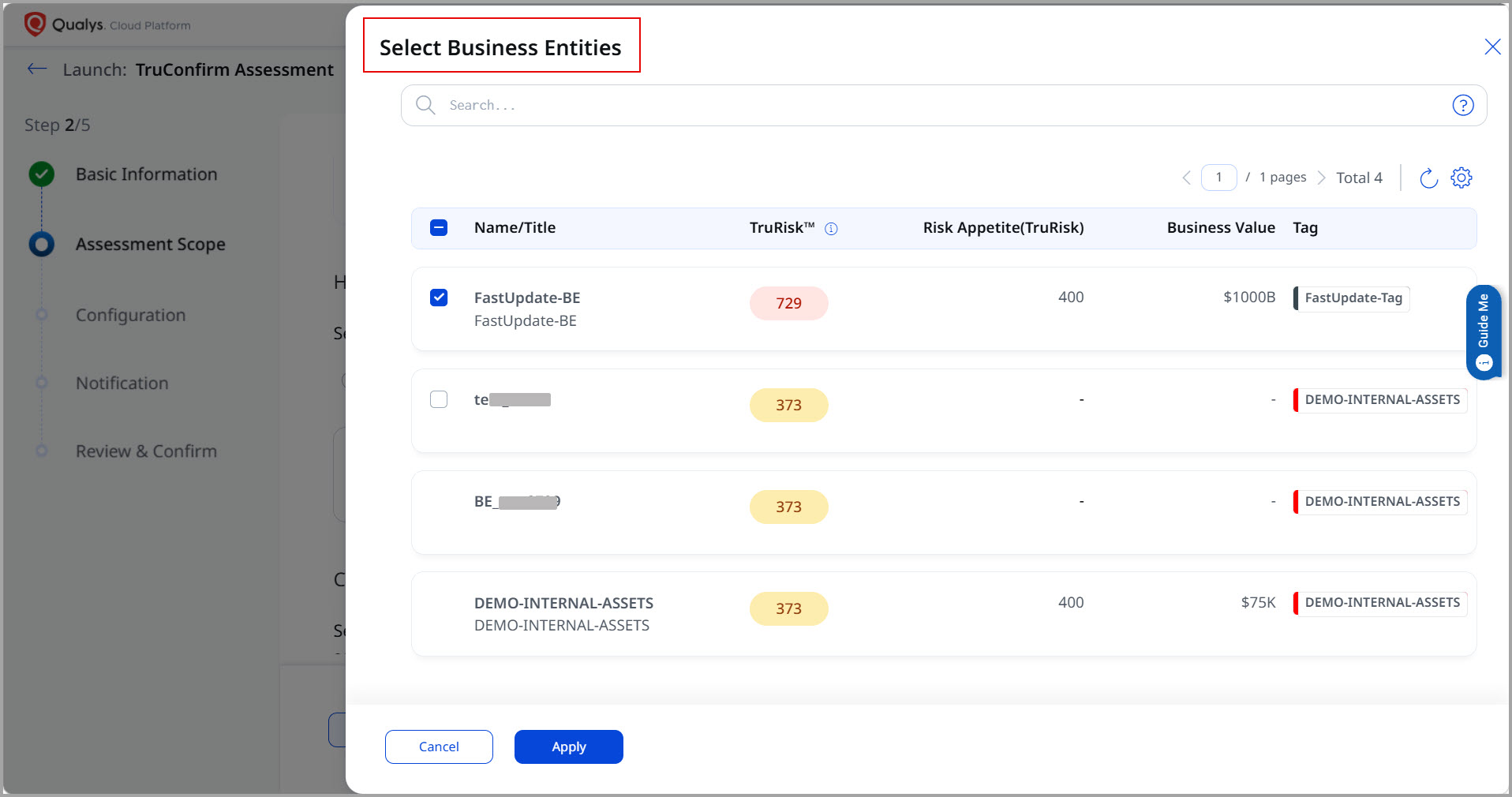 select the required business entities