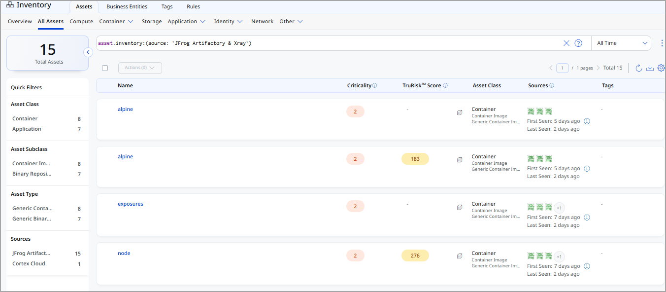 JFrog assets displayed in Qualys ETM Inventory