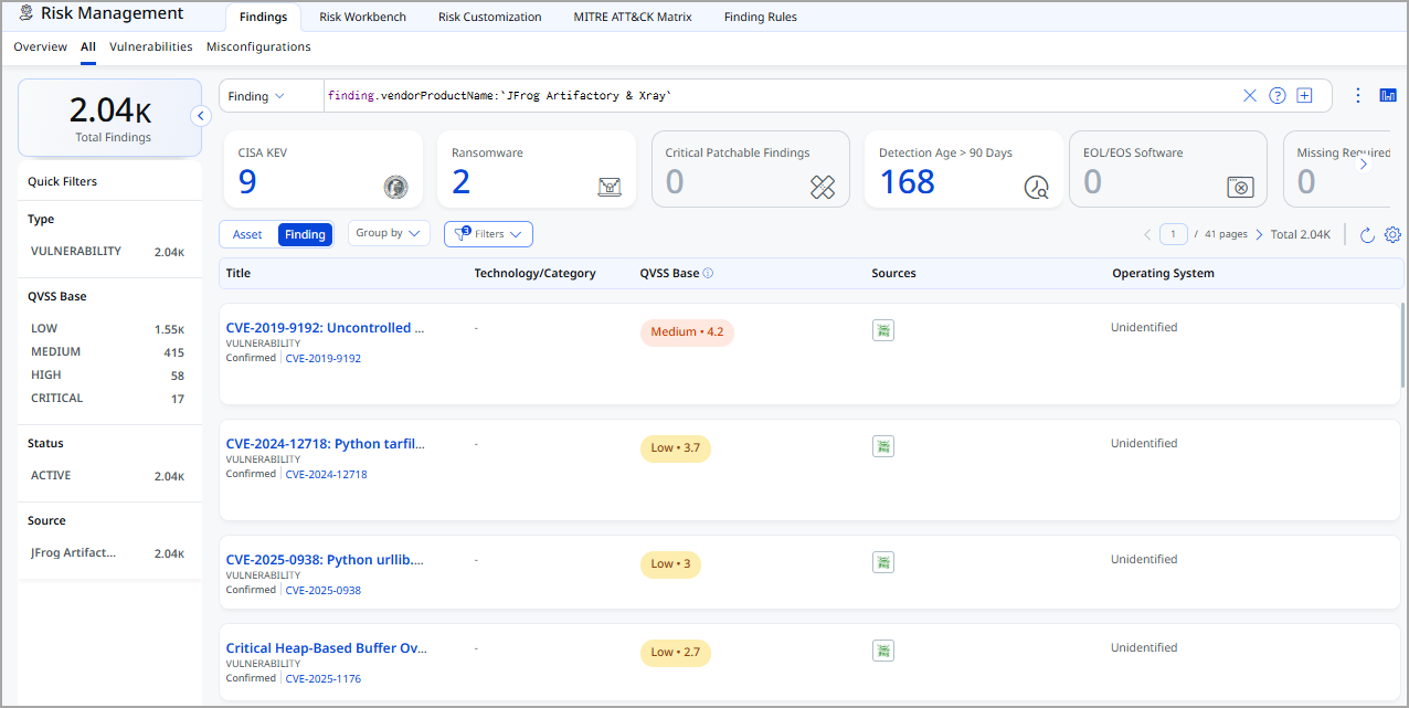 JFrog vulnerability findings displayed in Qualys ETM Risk Management