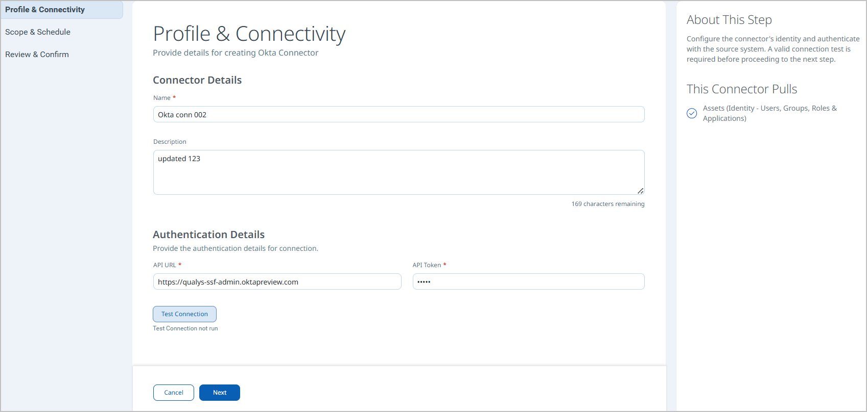 Profile and Connectivity configuration screen showing Connector Details and Authentication Details fields