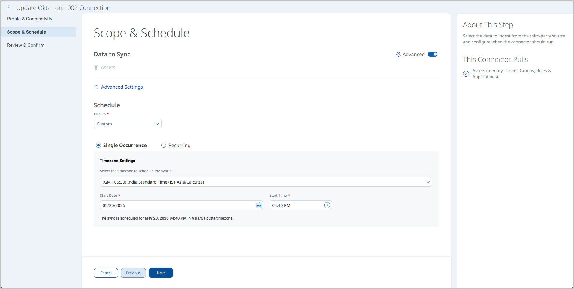 Scope and Schedule screen showing Data to Sync set to Assets and Schedule configured with Custom occurrence
