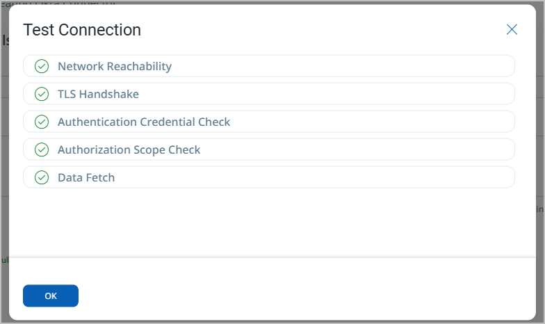 Test Connection modal showing all five checks passing with green checkmarks