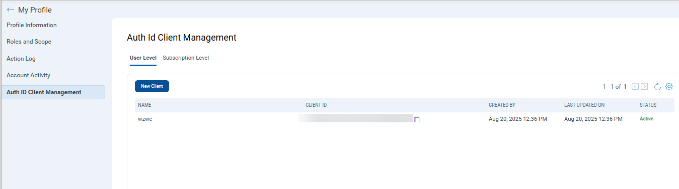 Auth ID Client Management navigation