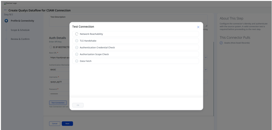 Test Connection modal showing all five checks passing