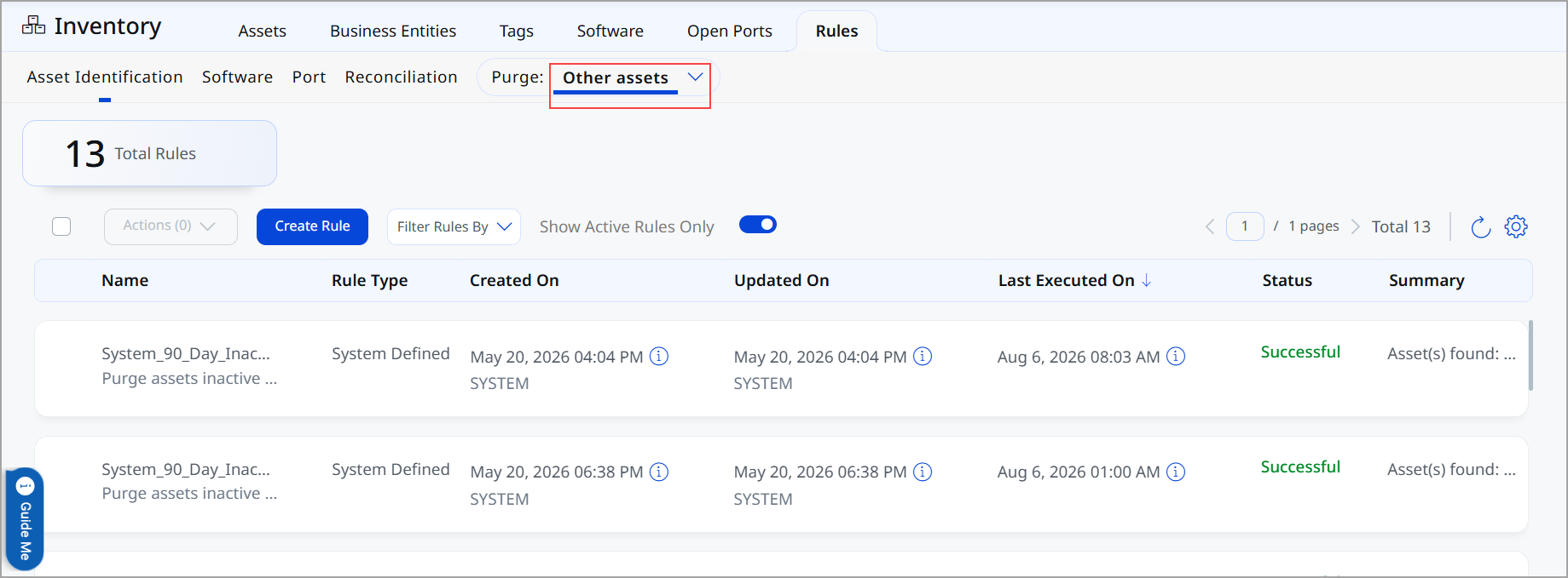 View Purge rules for other asset.