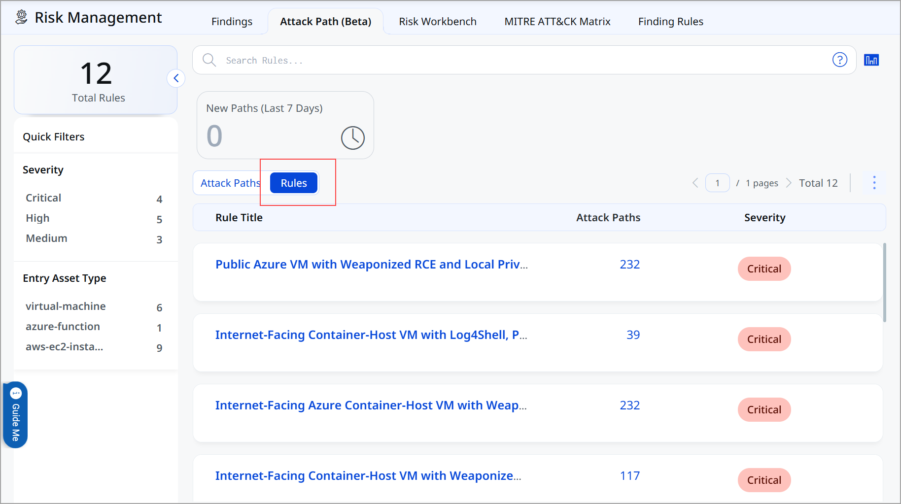 Rules view listing attack path rules and their instance counts