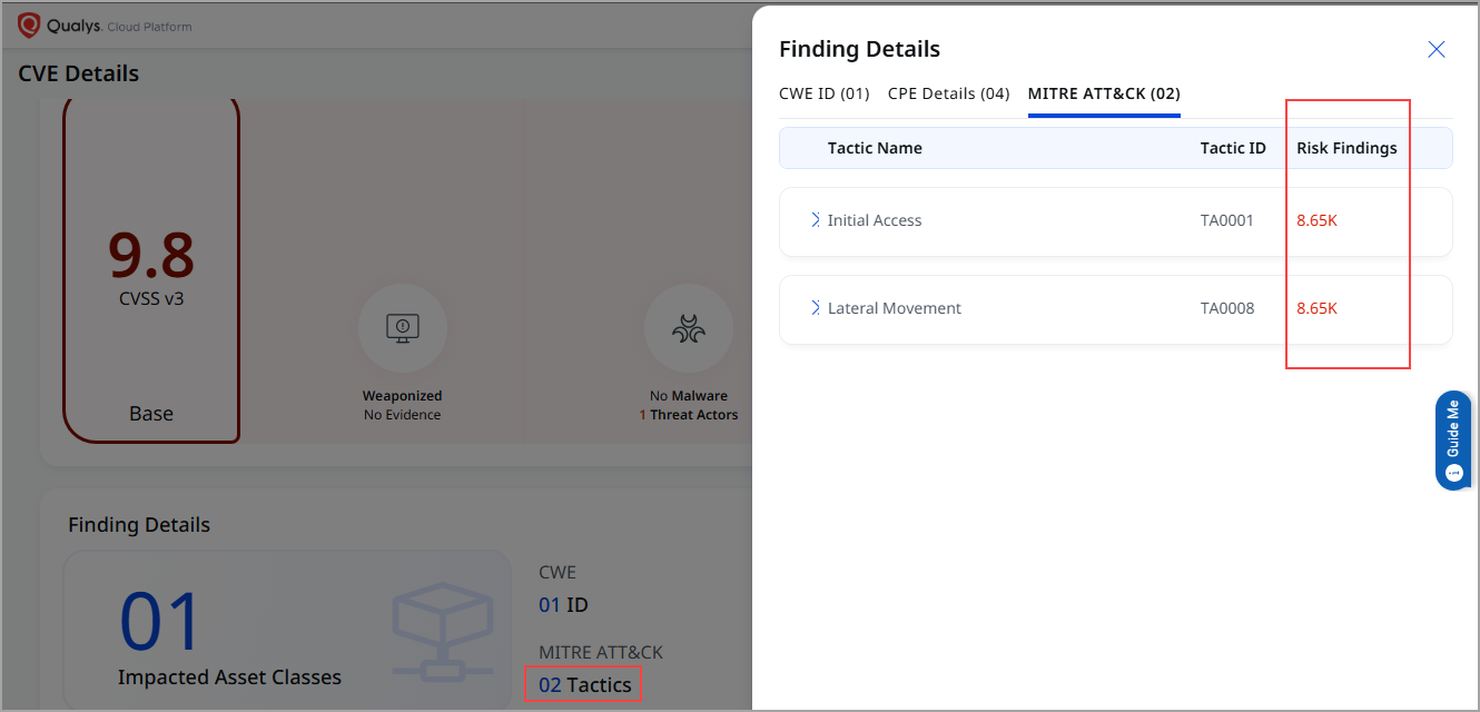 Risk Findings column in the MITRE ATT&CK tab of CVE details