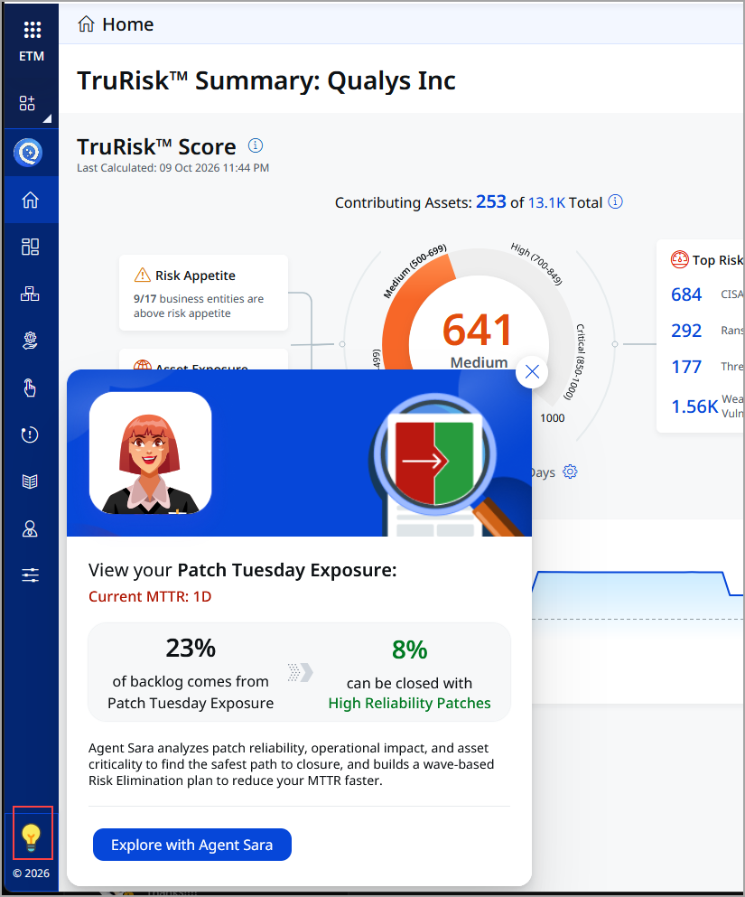 Patch Tuesday pop-up from Agent Sara on the ETM Home page