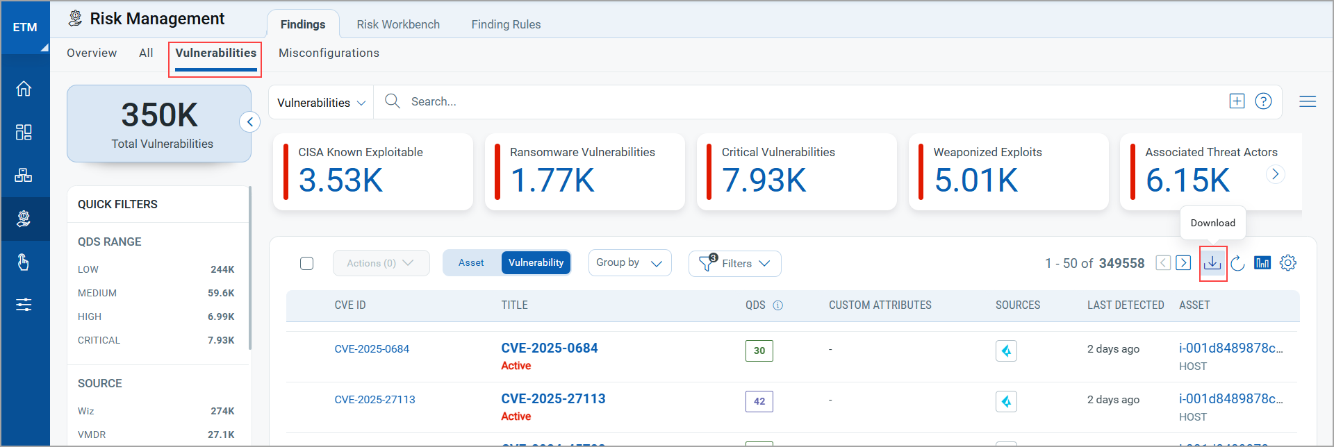 View download CSV from Vulnerabilities and Misconfiguration tab.