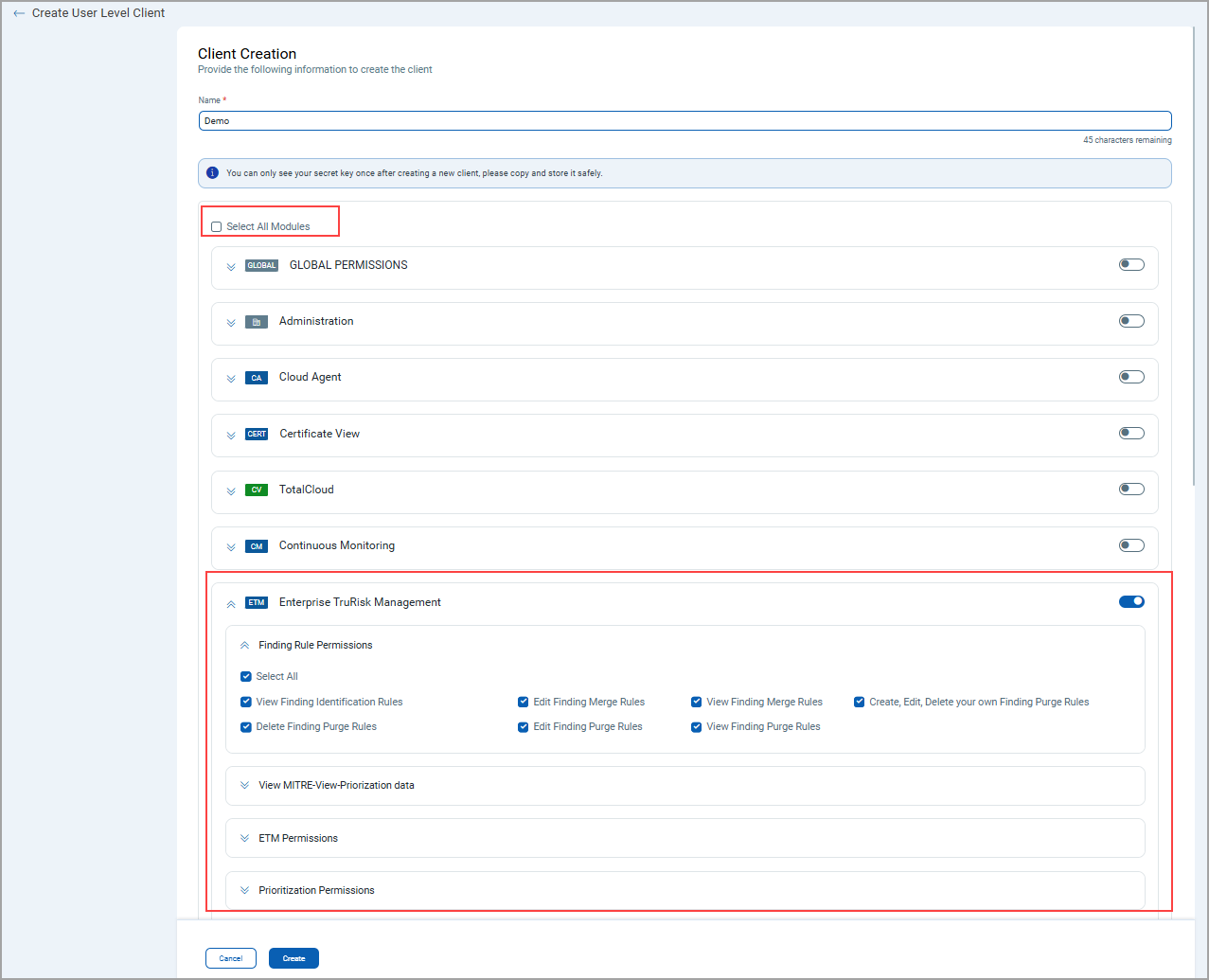 Create Client and select all the applicable module.