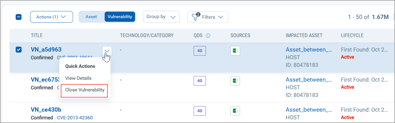 View option to close vulnerability.