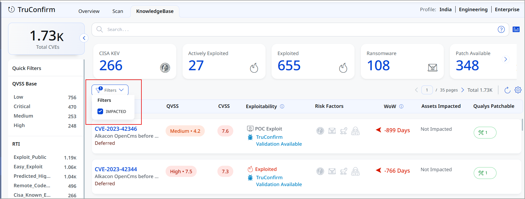 View Impacted Filter in KnowledgeBase tab