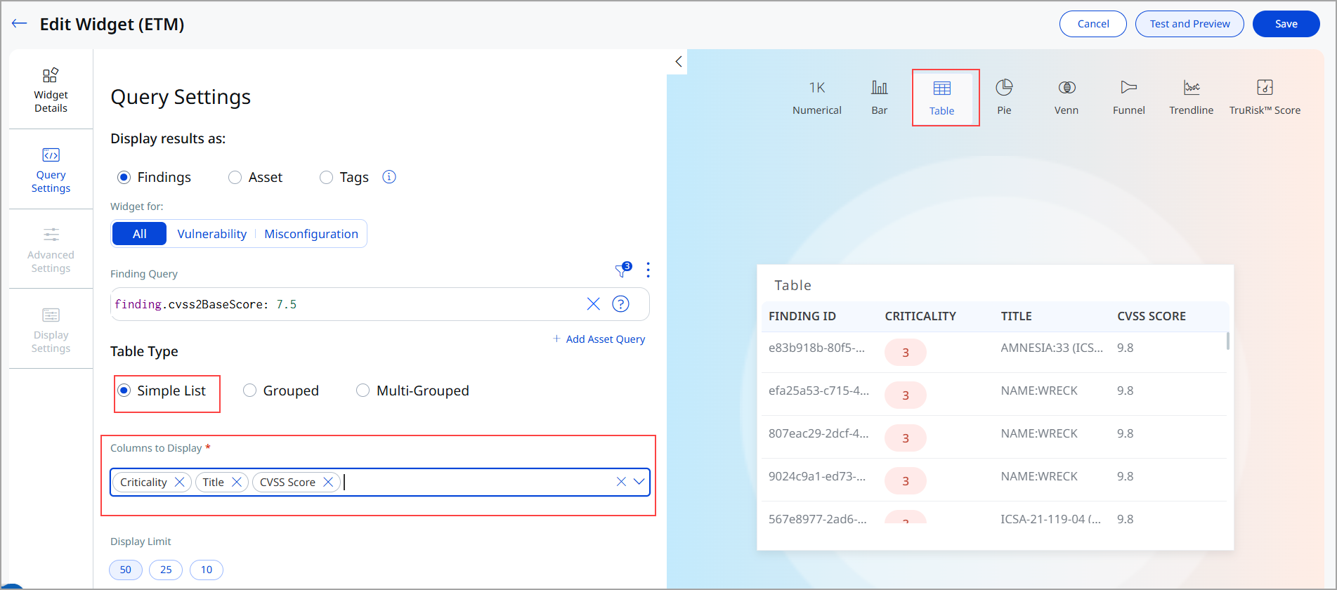 View Simple List Table Widget.
