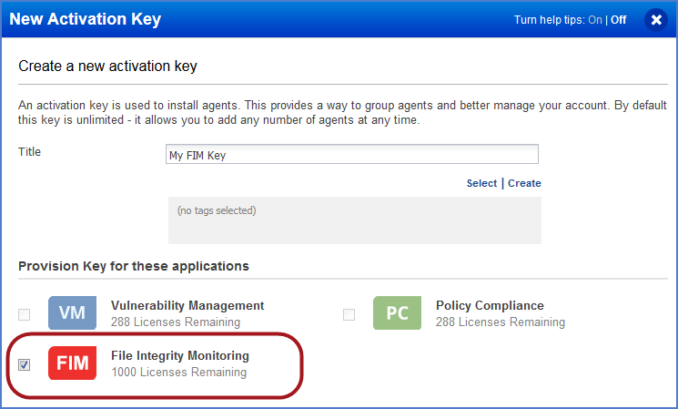 New Activation Key settings: Provisioning activation key for FIM application.