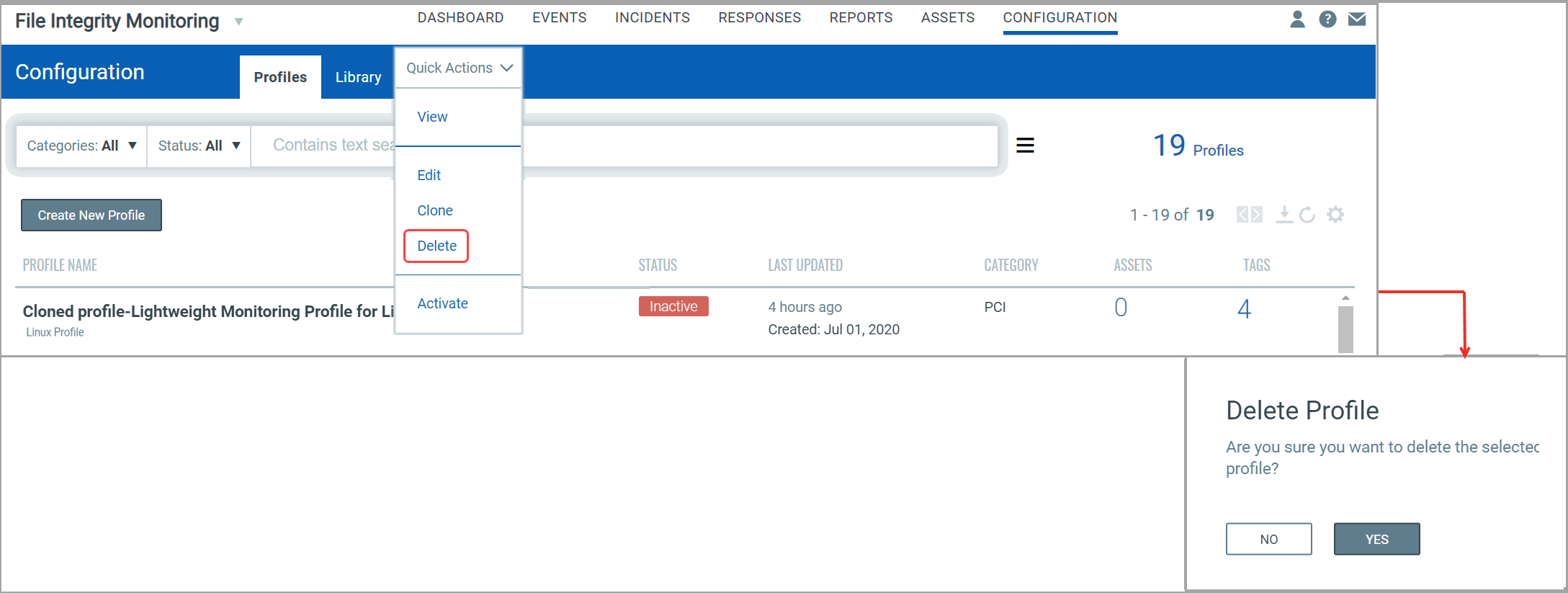 Delete option in Quick Actions menu in profile configuration.