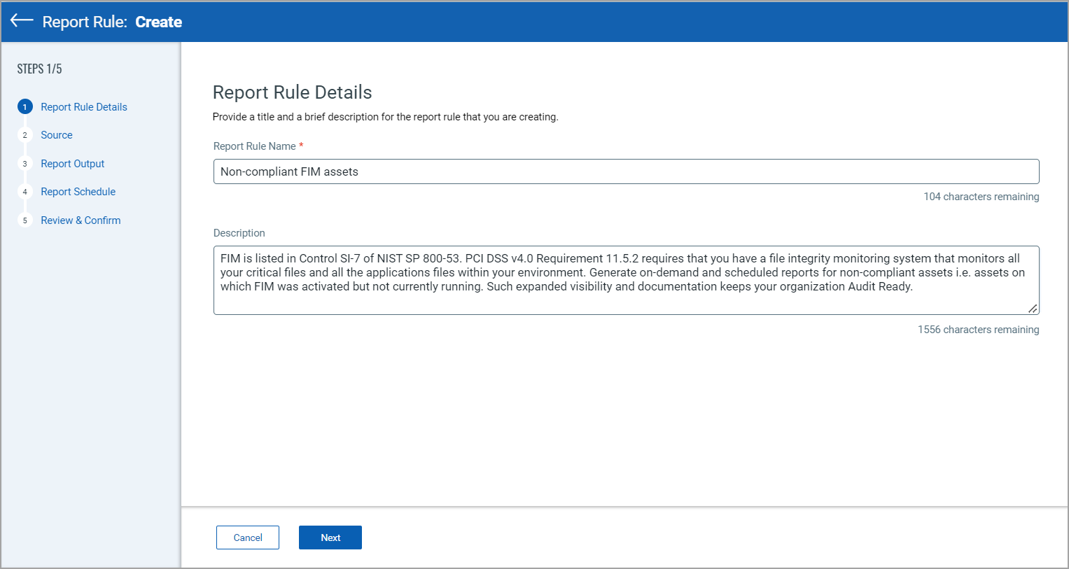 Image of the Create Report Rule for Asset Source