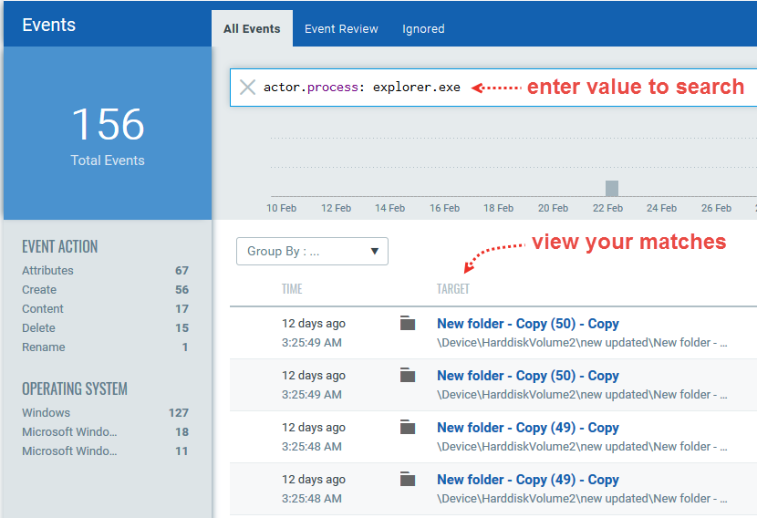 Sample query with an event property and value of the property and matching events under Target.