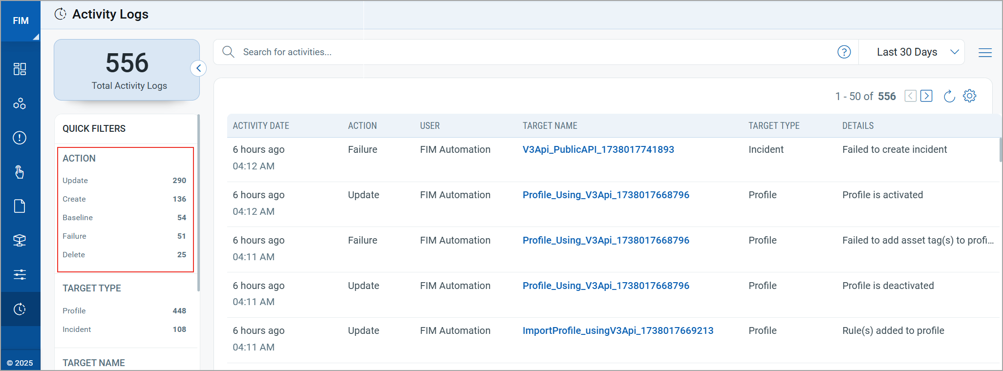 actions on activity logs tab.