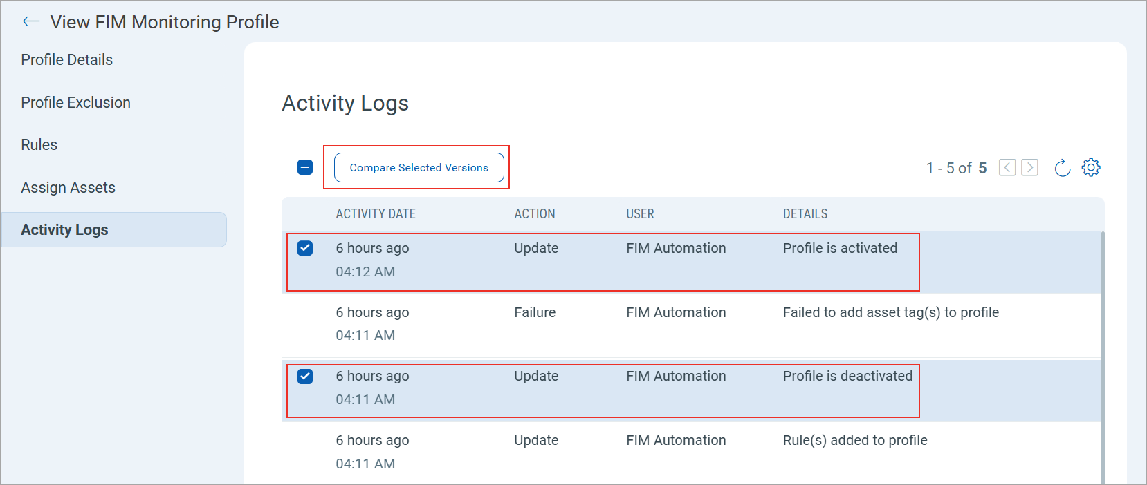 compare selected versions.