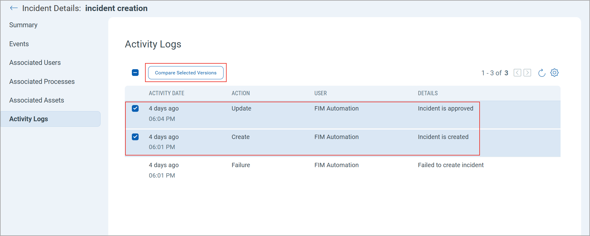 compare selected versions.