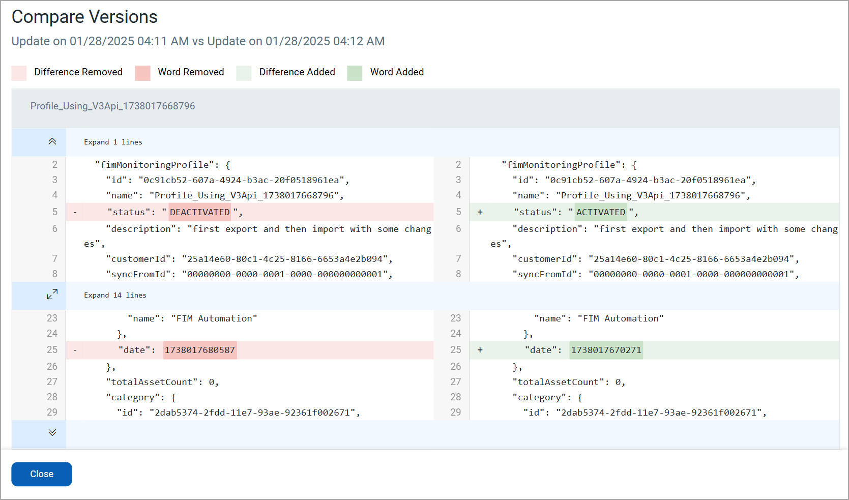 compare versions window.