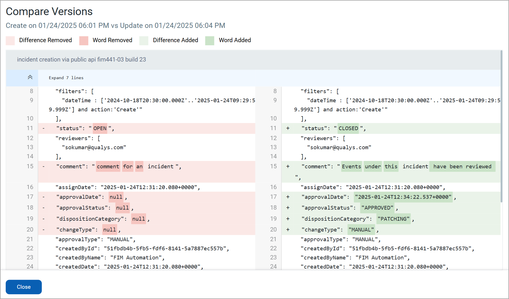 compare versions window.