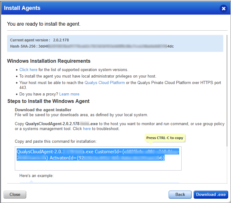 Windows installation requirements for agent installation on Windows and installer download button.