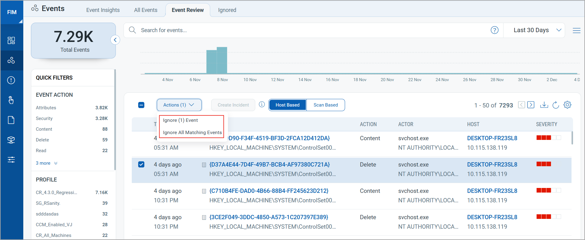 Actions Menu with Ignore Events and Ignore All Matching Events options on Event Review tab.