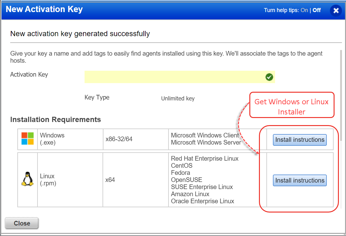 Install Instructions buttons for installing agents on windows and linux.