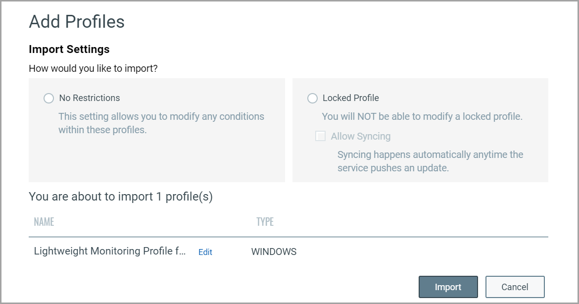 Import settings for adding profiles imported from the  library.