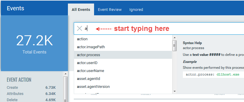 List of event properties for a search entry.